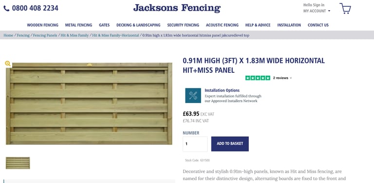 2 x Jacksons Fencing 0.91 m High (3FT) x 1.83 m Wide Horizontal Hit + Miss Fence Panels