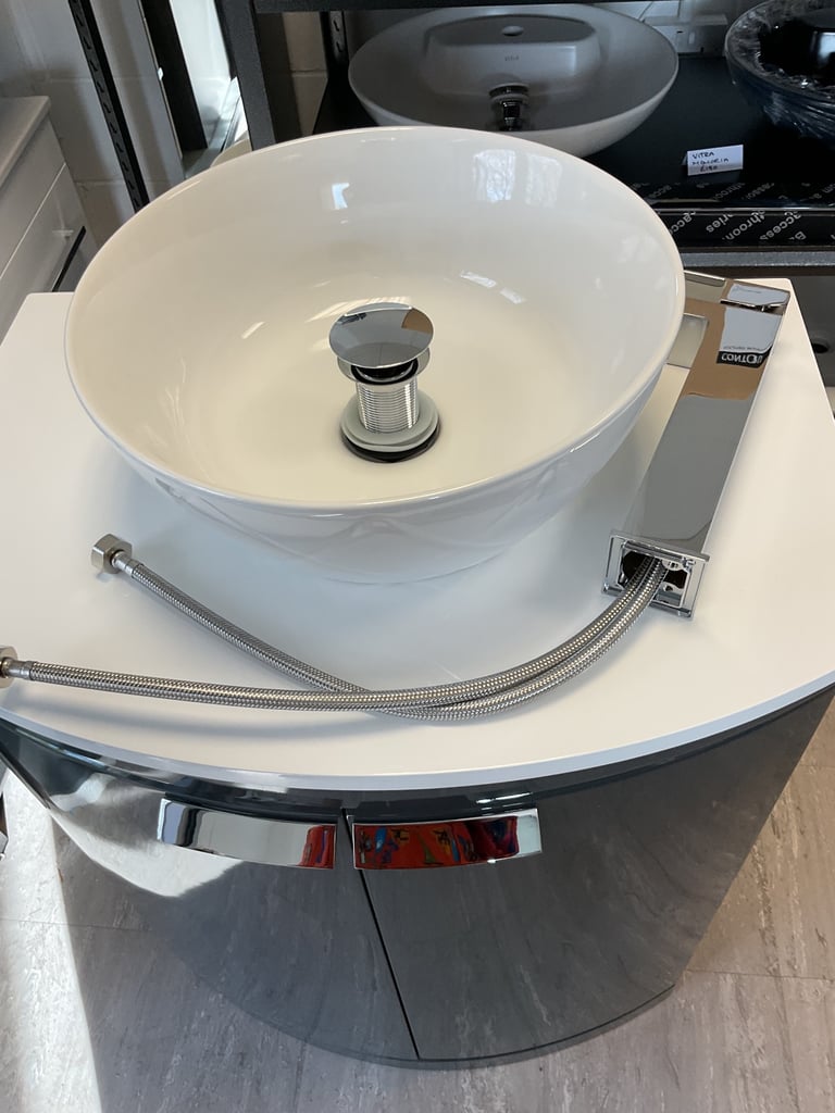 Tavistock Tempo 650mm curved vanity in Gloss dark grey, basin, mixer & waste