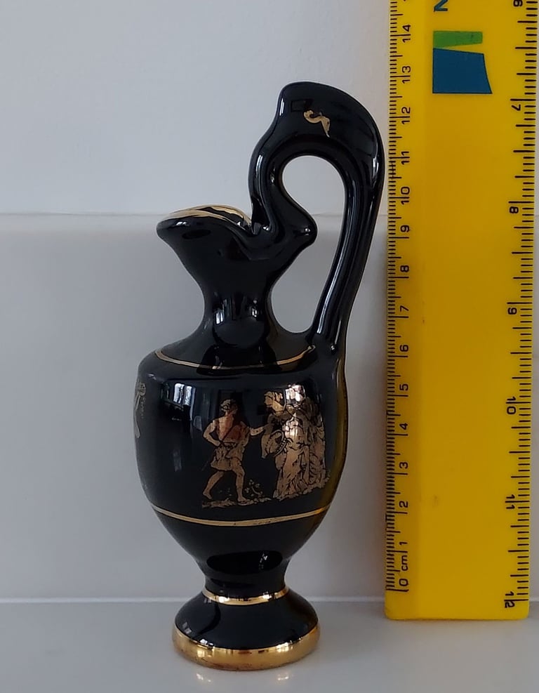 Greek Jug Urn with Tall Handle - Black with 24k Gold Handpainted Decoration