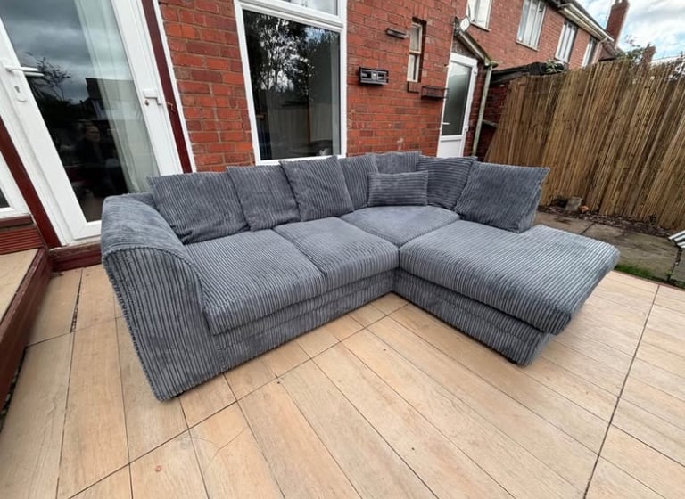 image for Large Grey Corner Sofa – Comfy L-Shaped Cord Couch with Chaise – Delivery Available