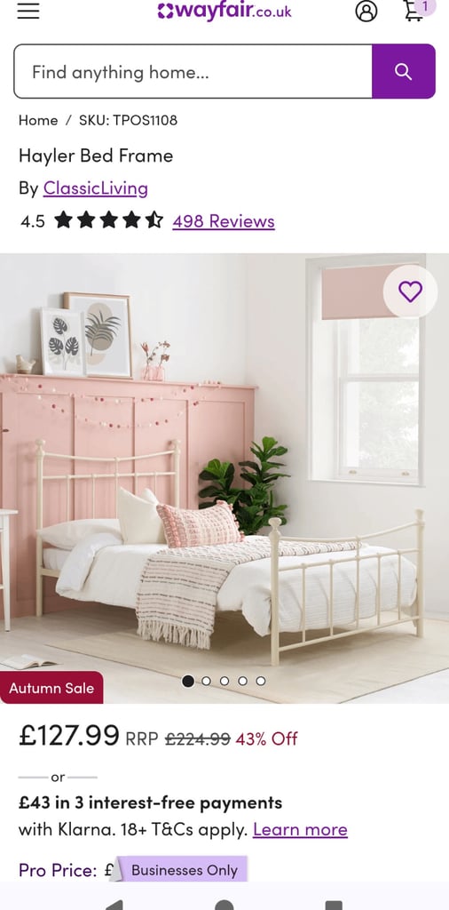 Wayfair ClassicLiving Bed Frame – Ivory Metal, No Mattress