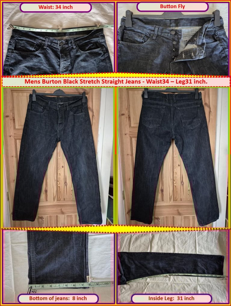 Mens Burton Black Stretch Straight Jeans - Waist 34-Leg31 inch.