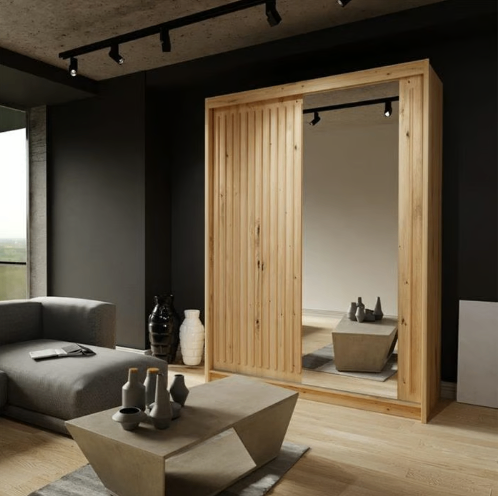 image for Brand New - Royal Mirror Sliding Door Wardrobe -Oak- SAME/NEXT DAY DELIVERY