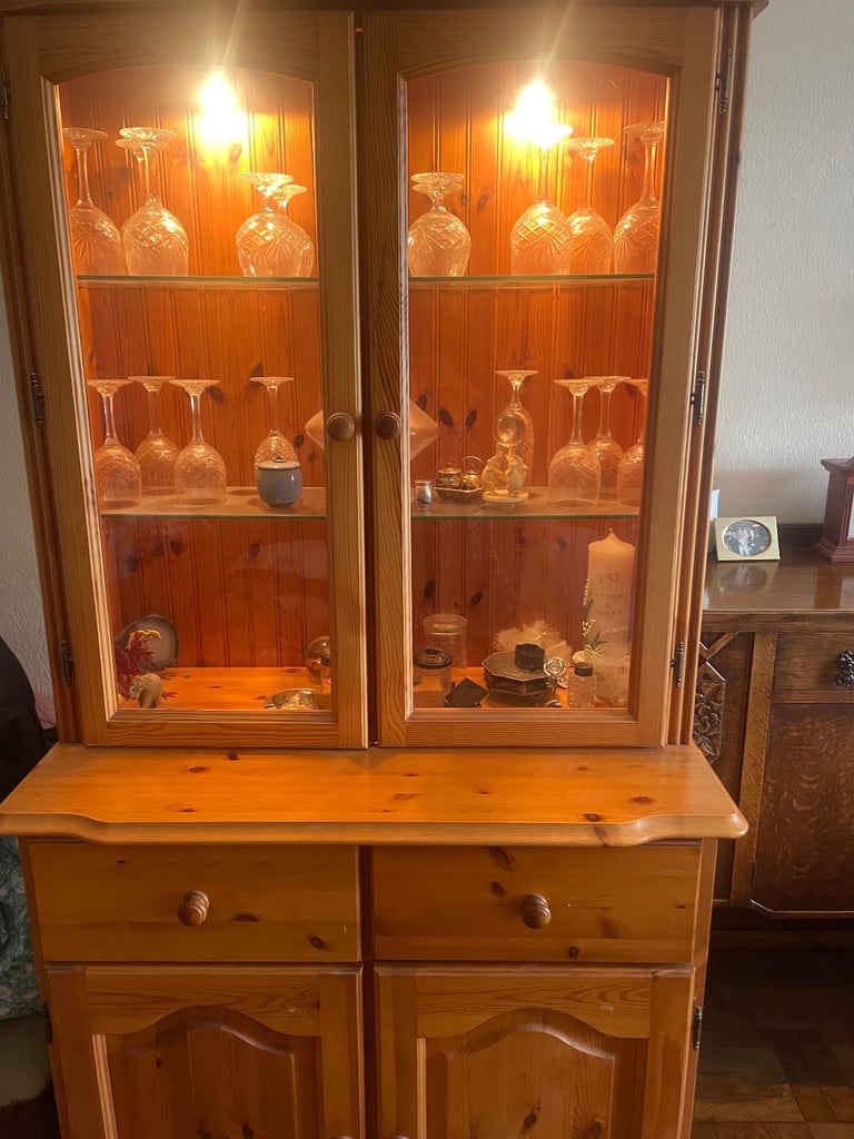 solid pine vintage 2 drawer and door dresser with a glass display unit with lights