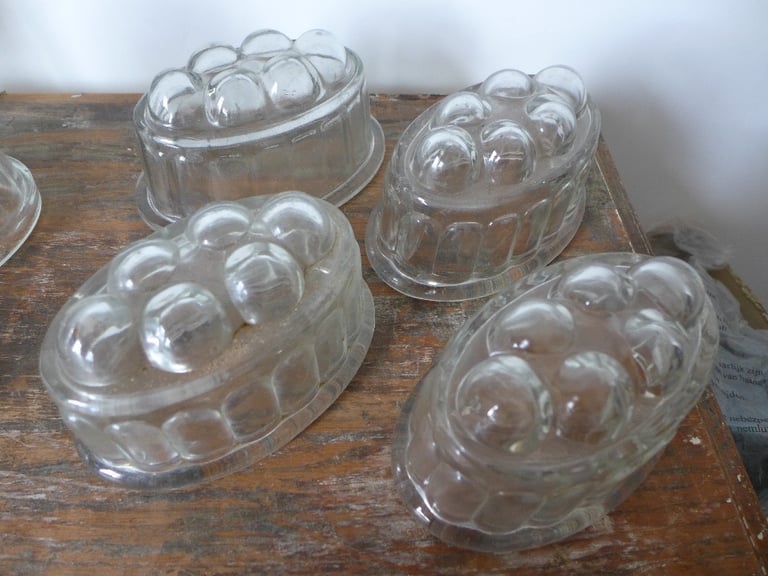 Collectable Kitchenalia: 8 Vintage Antique Glass Jelly Moulds. Blancmange Moulds.