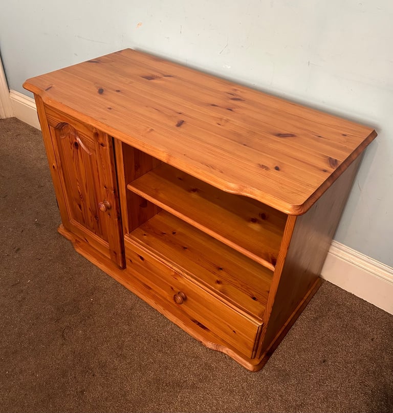 image for Solid Pine TV Unit  Cupboard Drawer Shelves Curved Edges H24in/61cm W36in/92cm D18in/46cm  C327