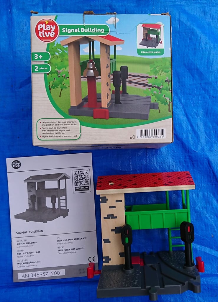 * WOODEN TRAIN TRACK SET IN CASE WITH PLAYTIVE POLICE CAR AMBULANCE CRANE BRIDGE *