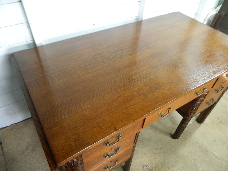 Solid Oak Heavily Carved Pedestal desk
