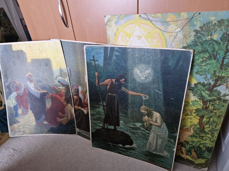image for 4 x 1934 religious prints on board teaching aids