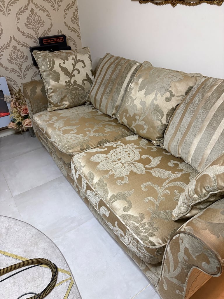 2 x SCS 4-Seater Sofas – Excellent Condition – Mink Gold Fabric – £200 Both – Delivery NG3