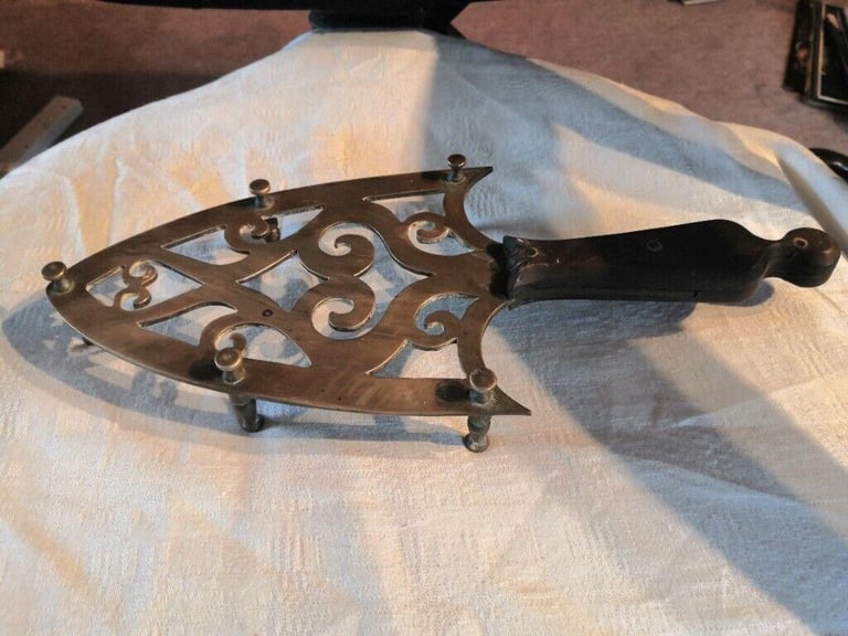 Antique/Vintage Wood & Solid Brass Iron Shape Stand/Trivet - Decor
