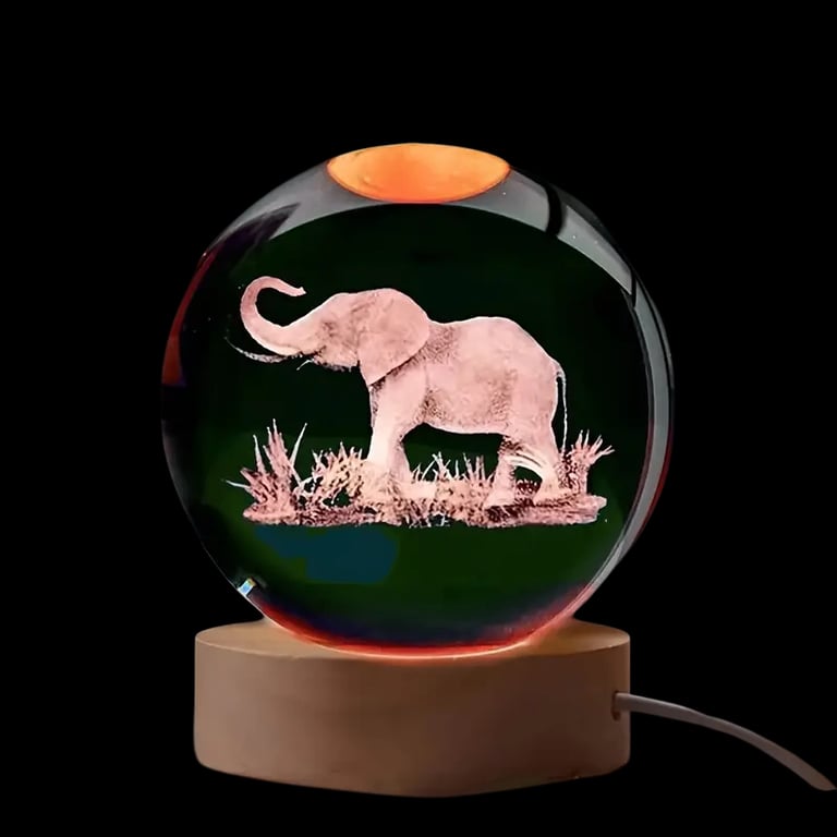 image for Elephant 3D Crystal Ball Night Light 60mm on Wooden LED Base (USB)