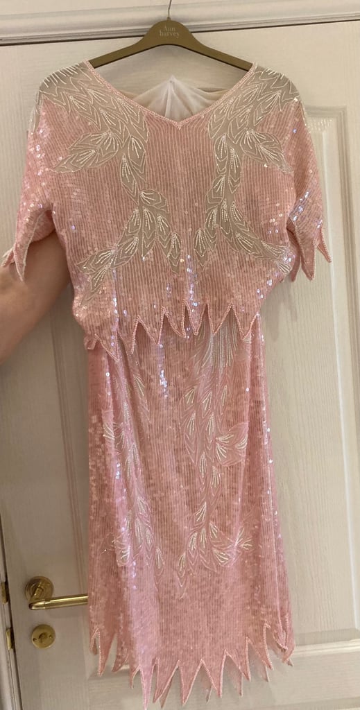 image for Designer, Vintage, Pink Lined Beaded & Sequin Top & Skirt. Size 16-18. 1920/30s style. VGC.