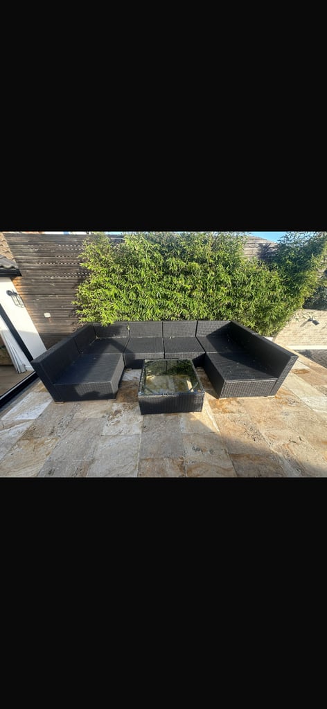 image for Black Rattan Garden Sofa and Coffee Table Set 