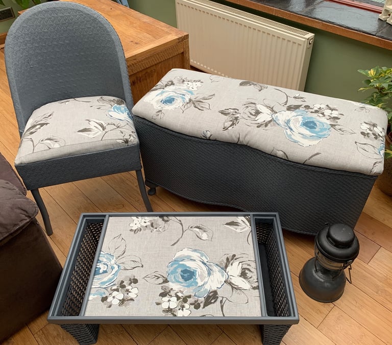 Wicker & fabric ottoman with matching chair & laptray