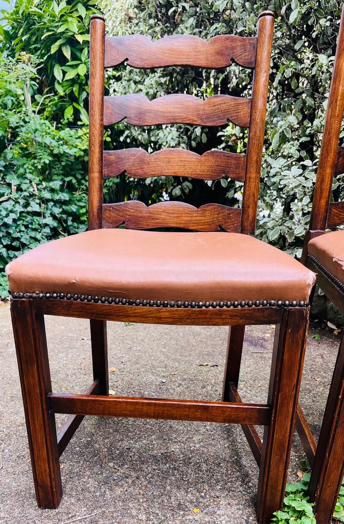 Pair of Vintage Wooden Ladder-Back Dining Chairs – Tan Faux Leather Seats