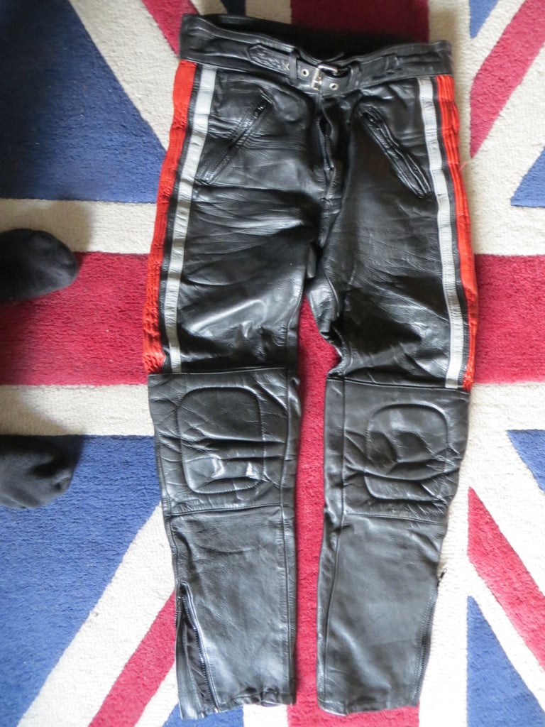 image for Kett black/red leather bike trousers. 30/32” waist. Please read description