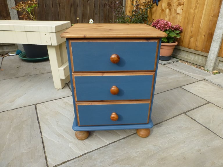 image for Good used condition solid pine  Blueprint blue 3 drawer unit bedside cabinet  side table 
