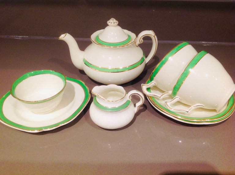 image for Mid-Century 1940's CRESCENT IVORY 8-piece porcelain tea set; retro jars & extra teapots