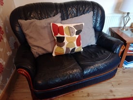 Navy Leather 2 Seater Sofa and Chair 
