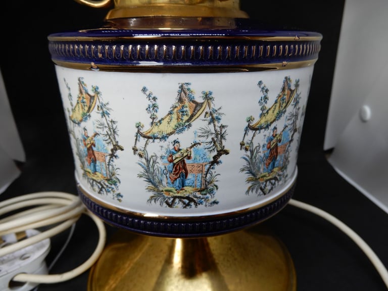 Antique Table lamp Porcelain and brass with opaline lampshade
