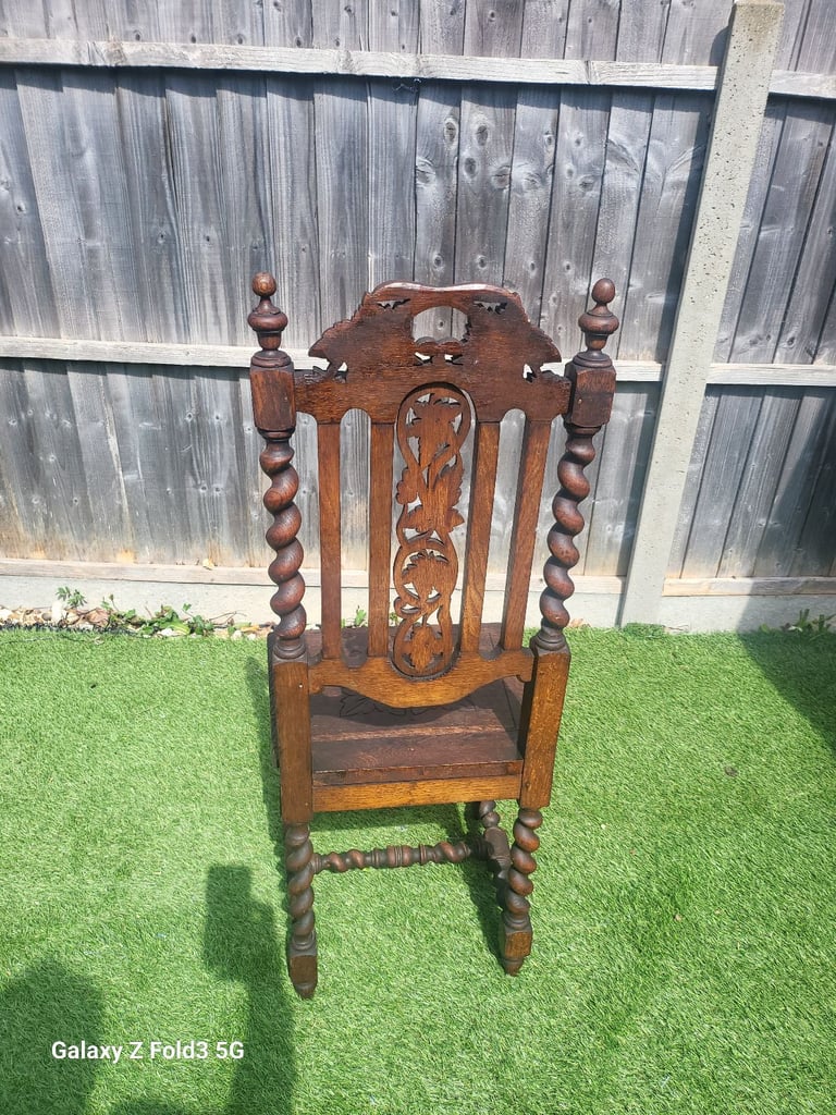 Antique Victorian High Back Heavily Carved Barley Twist Oak Chair Furniture