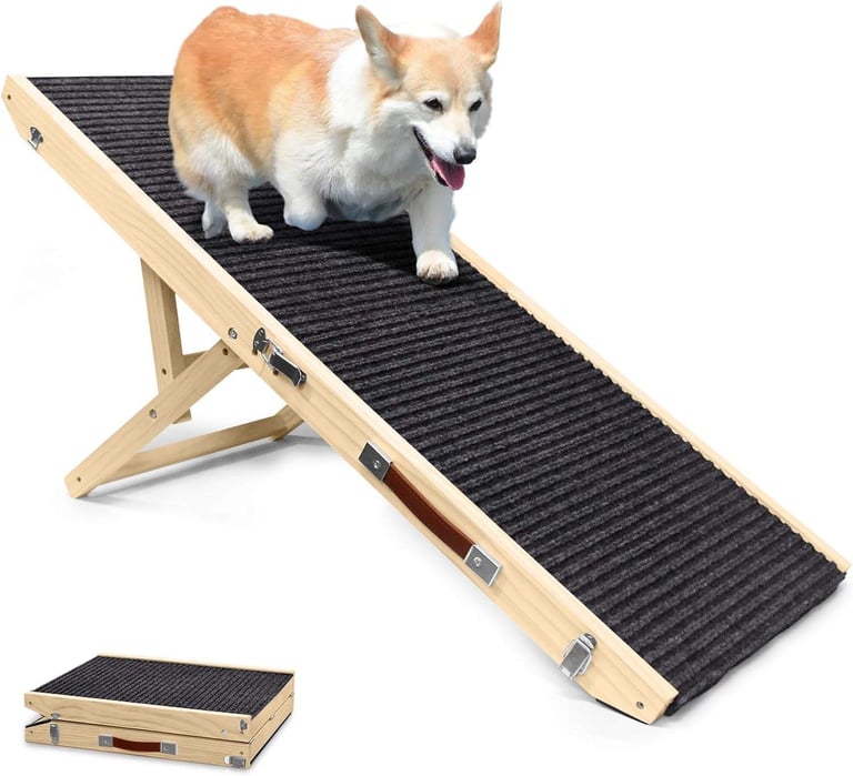Adjustable Wooden Pet Ramp | Folding Dog Stairs with Non-Slip Carpe