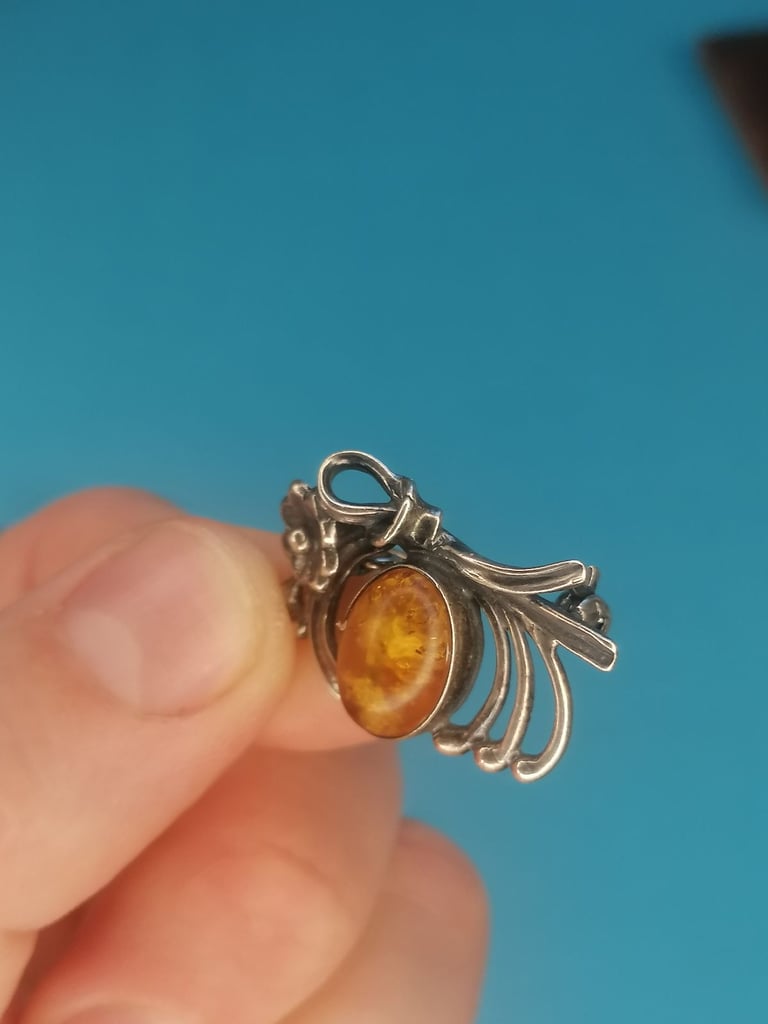 A Lovely Vintage Silver  with Baltic see Amber stone Brooch.  