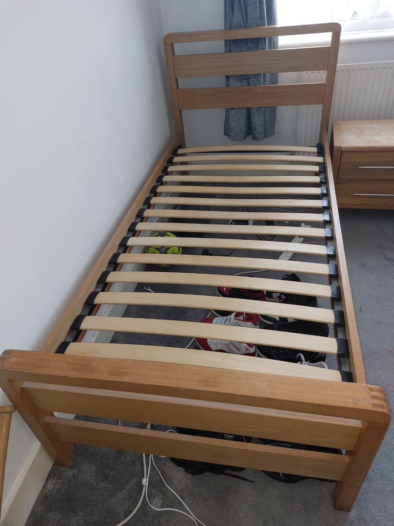 image for Real pine wood single bed with bedside and mattress 