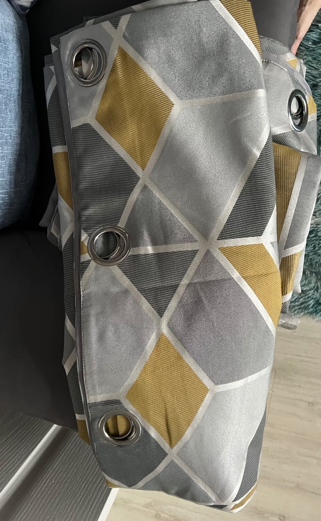 Grey / Silver / Mustard Geometric curtains cushion covers and throws