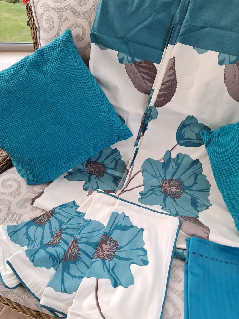 Teal and cream 90x90 curtains with maching cushions