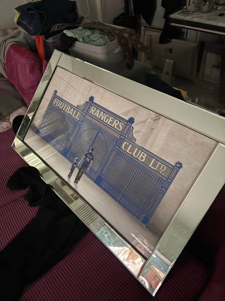 Ibrox Father & son  football  picture with liquid art & mirror frames blue white