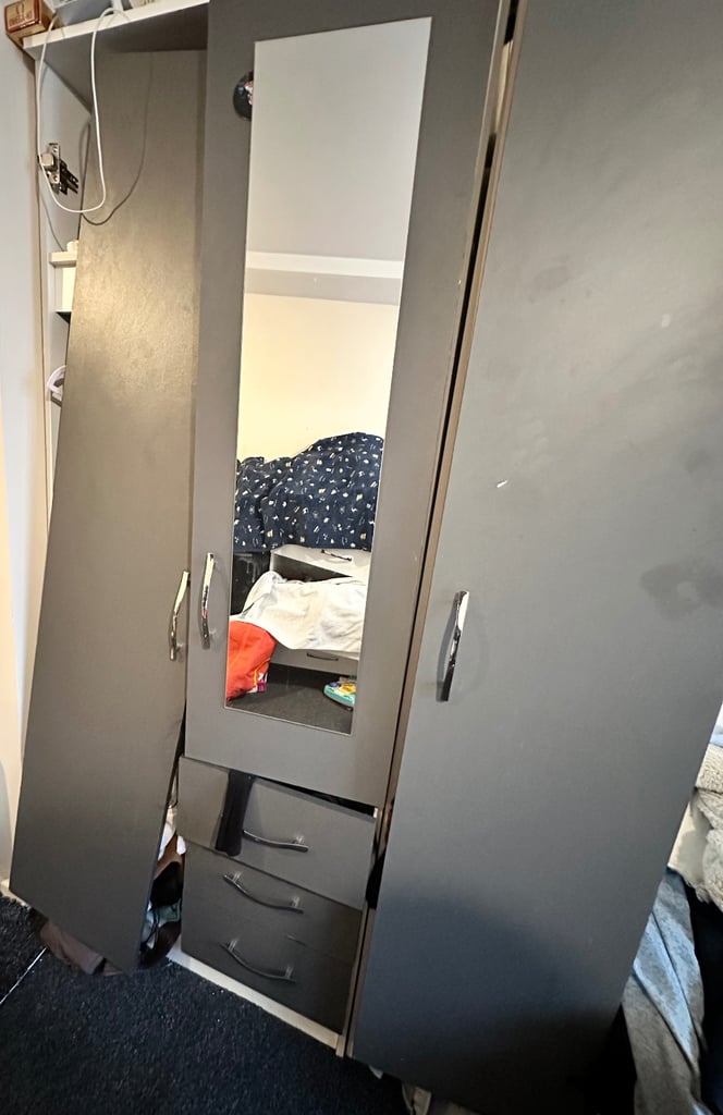 3-Door Grey Wardrobe with Mirror & Drawers – Good Condition