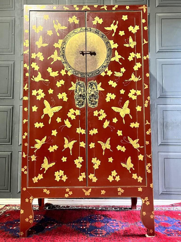 image for Vintage Nine Schools Hand Made Chinoiserie Oriental Cabinet  Storage Wedding Cupboard