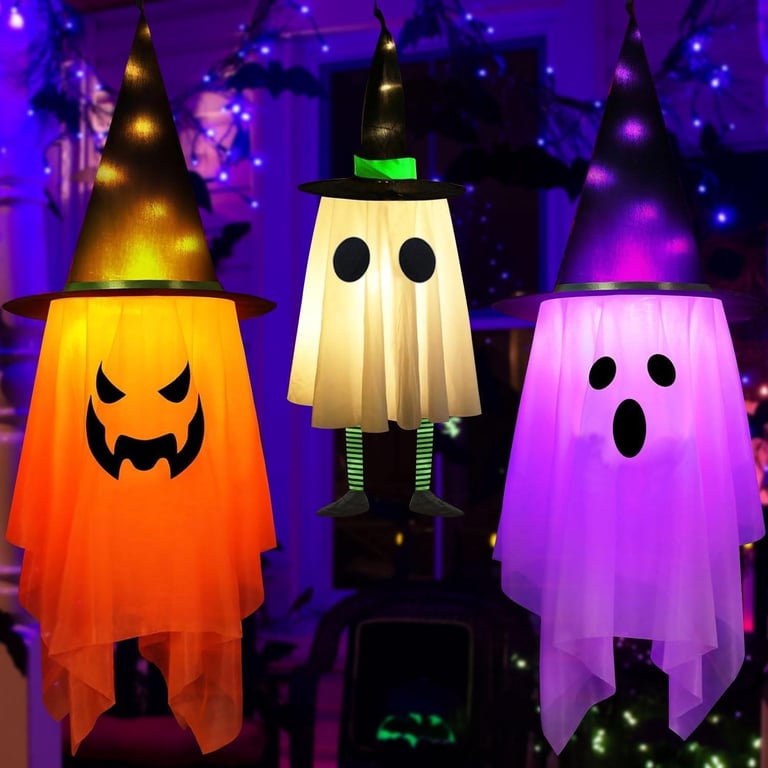 image for new in packaging - 3 Pack Halloween Hanging Ghost Decorations 3 Modes LED String Lights