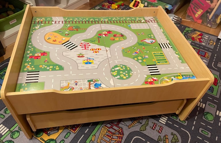Kids wooden train table with drawer