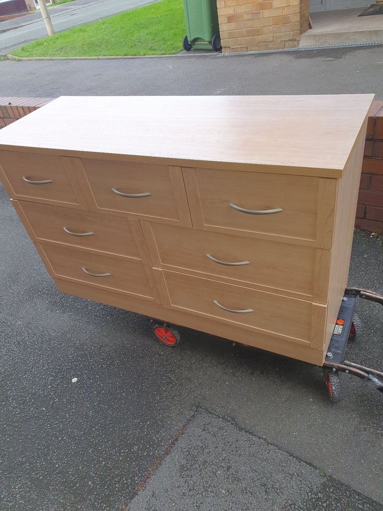 Lovely , Pale Pine Chunky , Heavy Chest Of Draws, 48 x 30 x 18 inches, Great Condition. On Wheels.