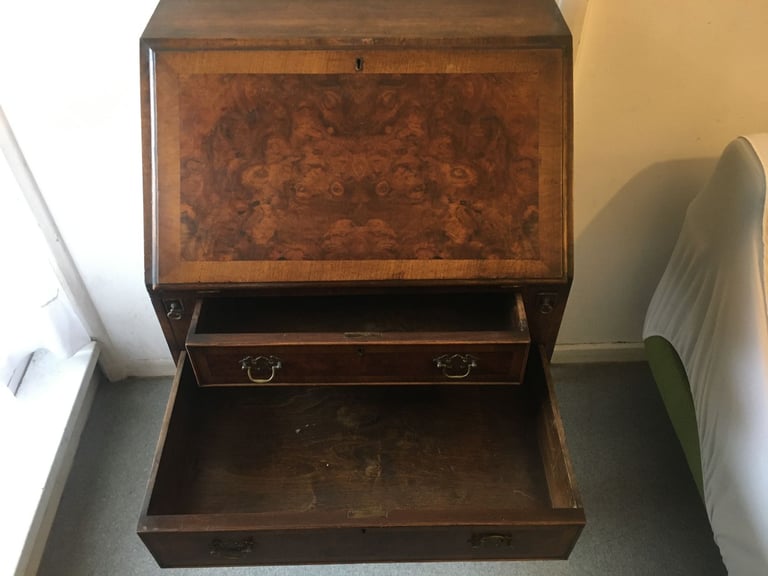 Antique Queen Anne Walnut Ladies Writing Bureau 1930's Secretaire 2 Drawers with Cabriole Supports