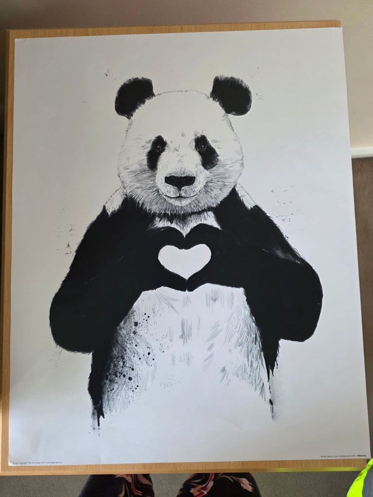image for Panda Love Heart Black and White Poster