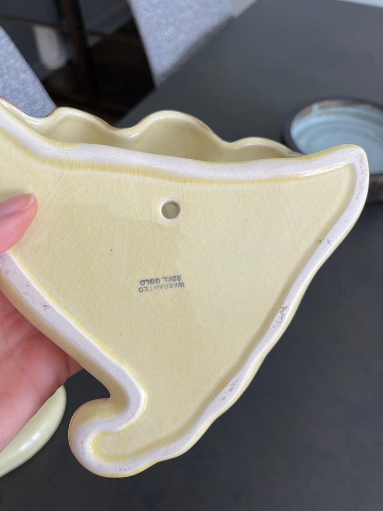 2 x vintage yellow ceramic wall pockets with 22ct gold gilding detail