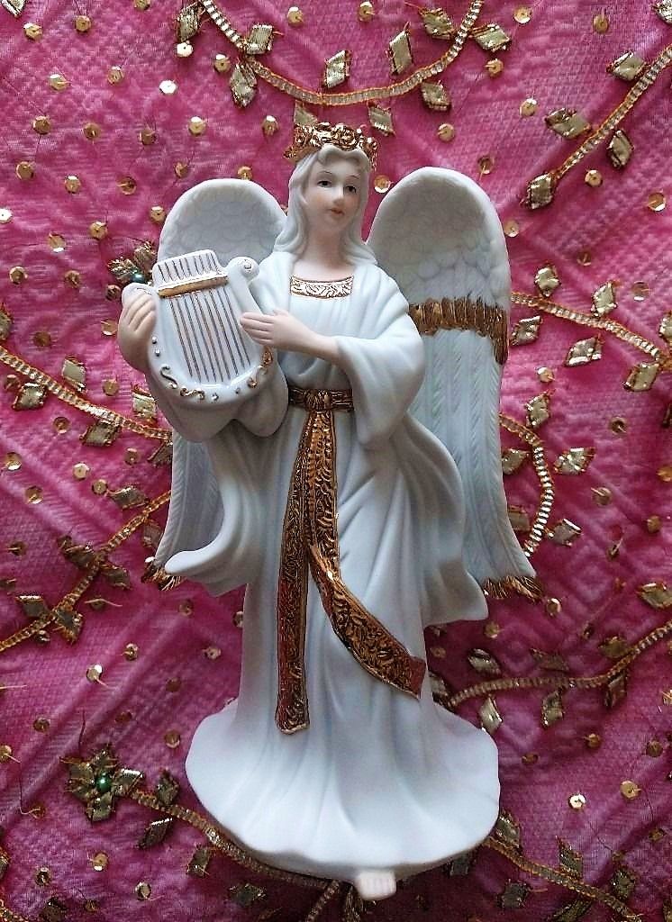 image for ANGEL VINTAGE CHRISTMAS DECORATIONS TRADITIONS ORNAMENT HARP Large Porcelain Figurine White Gold