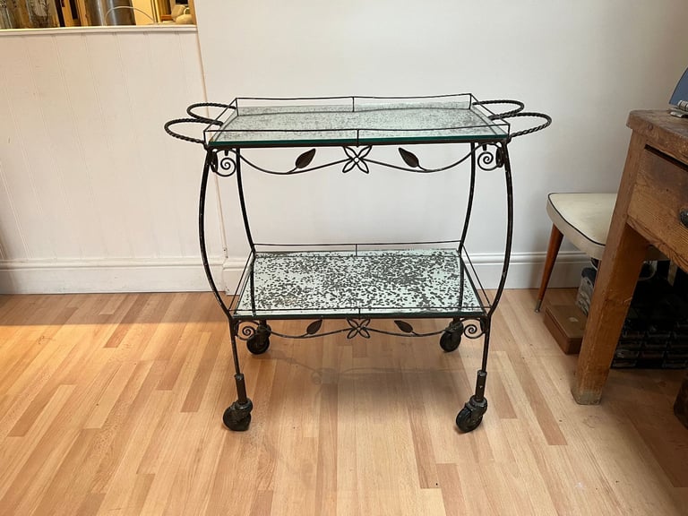 image for Vintage French Cocktail / Cake Trolley - Mirrored Glass and Wrought Iron