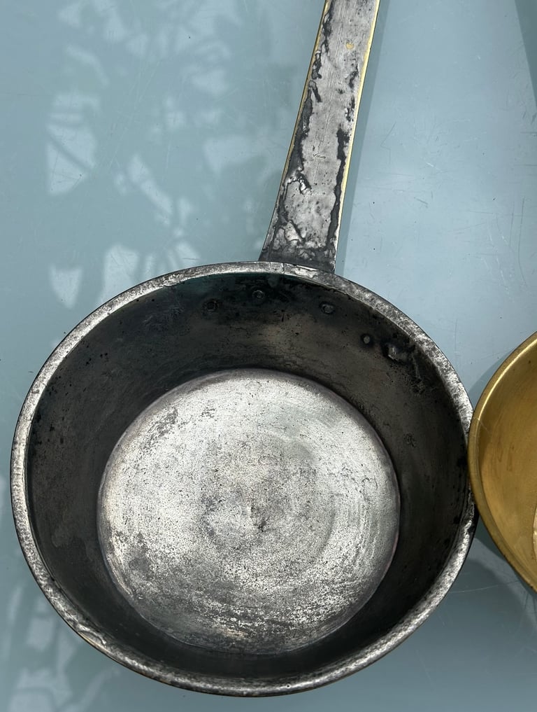 ANTIQUE FRENCH BRASS LADLES, HANGING DIPPERS, LOUCHES, L38cm - 1800s KITCHENALIA - WILL POST!