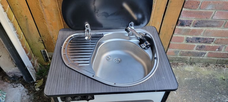 Camper van sink and gas burner hob with 2x USB and cigarette lighter style charging ports