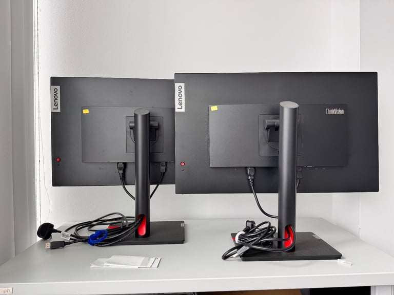 image for 2 Lenovo ThinkVision T27i-10 Monitors (27” FHD) plus new Bontec  2 monitor desk mount. 