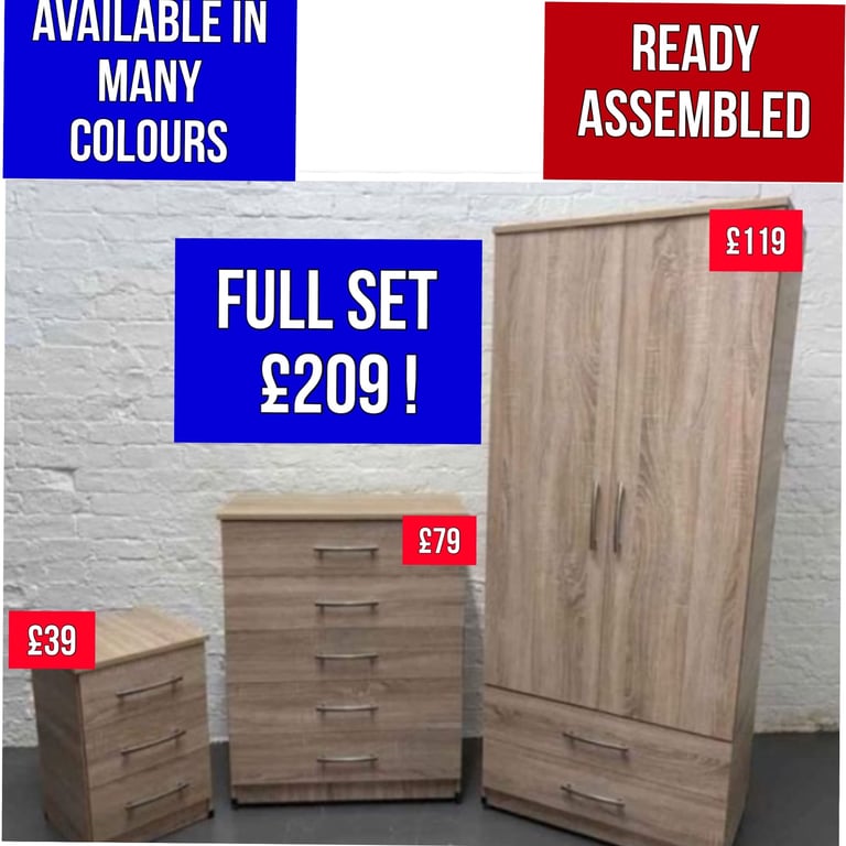 WARDROBE,CHEST OF DRAWERS,BEDSIDE CABINET. 