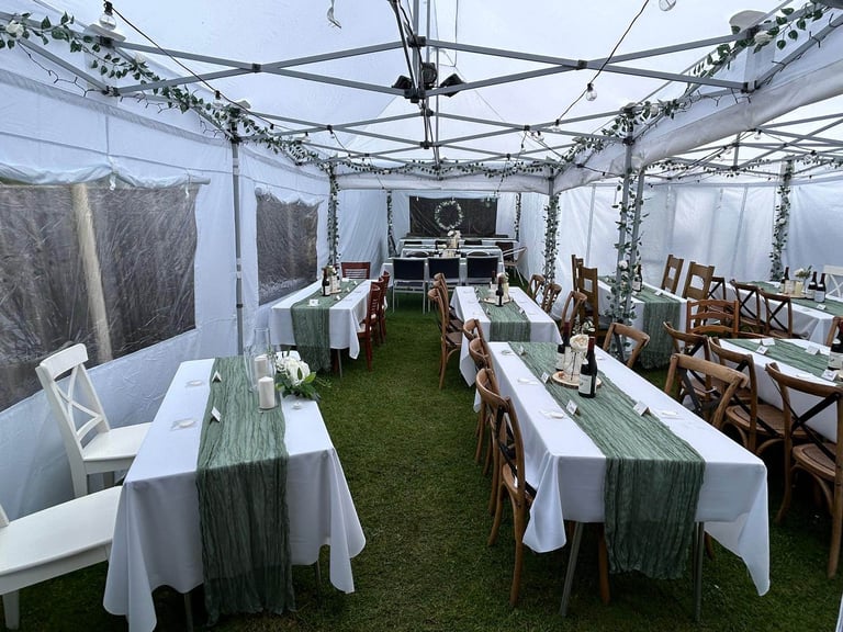 GAZEBOS - TWO 3m x 6m Trader Steel 32 Series - Also inc. Heaters, Gutters, Joining Strips