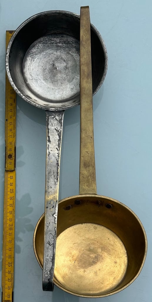 ANTIQUE FRENCH BRASS LADLES, HANGING DIPPERS, LOUCHES, L38cm - 1800s KITCHENALIA - WILL POST!