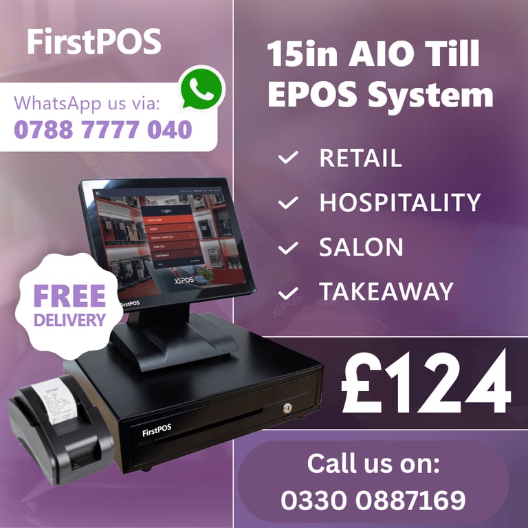 15 Inch Touchscreen EPOS POS Cash Register Till System for Retail, Hospitality, Takeaway and Salon