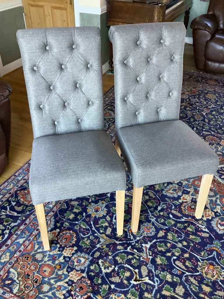 BRAND NEW Pair of dining chairs. Button back / scroll top. With Tags.